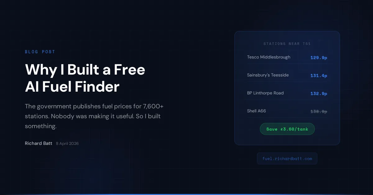 AI-powered fuel price finder tool showing cheapest petrol stations near a UK postcode