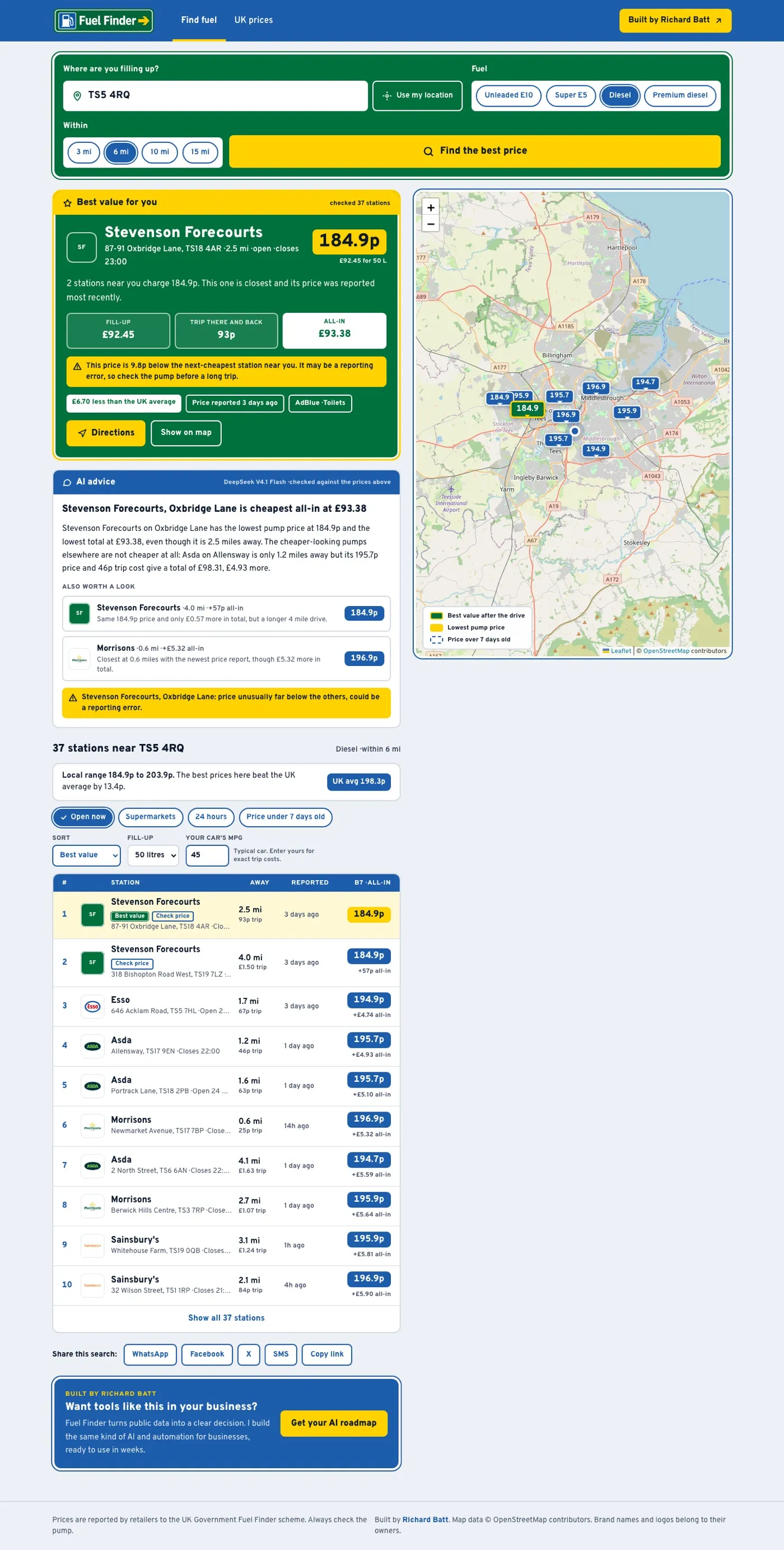 UK Fuel Finder: results with an AI summary of the cheapest fill-up